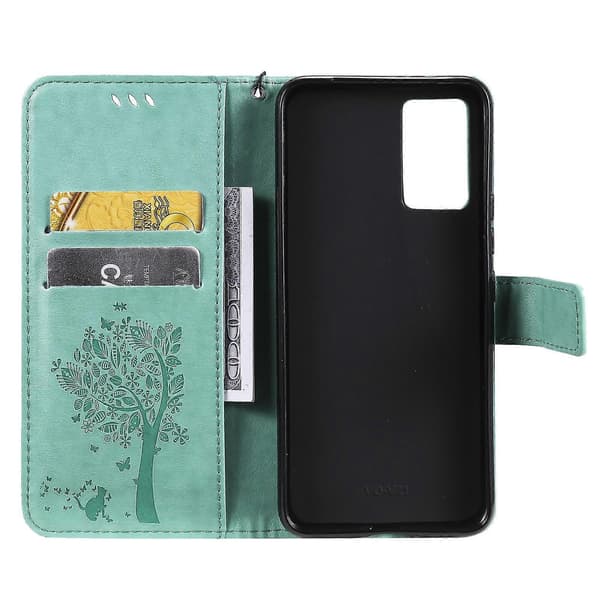 For vivo V21 Tree & Cat Embossing Pattern Horizontal Flip PU Leather Case with Holder & Card Slots & Wallet & Lanyard [DB] Green Green