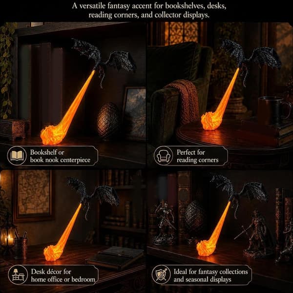 Drage bogreol Nook Light - 3D-printet fantasy bogindretning displaylampe Sort stor Black Large