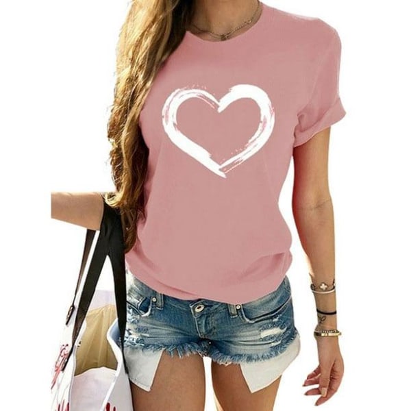 Dam T-shirt med rund hals sommar Kortärmad Casual Love Heart printed tröjor T-shirts Blus Plus S-3XL