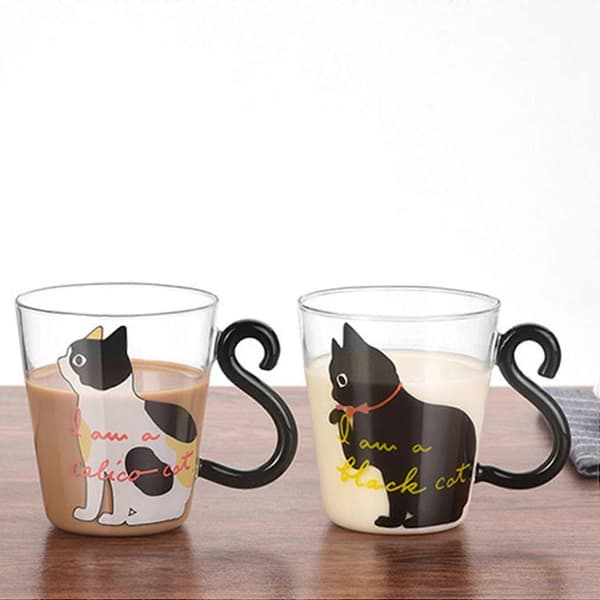 Cute Kitten Glass Water Cup Cat Tail Handle Mug Milk Tea Coffee Fruit Juice Mug Drinkware Home Office