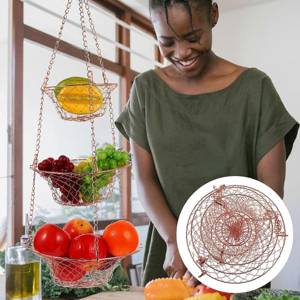 1 Set 3-Tier Flower Basket Wire Hanging Fruit Basket Foldable Hanging Basket