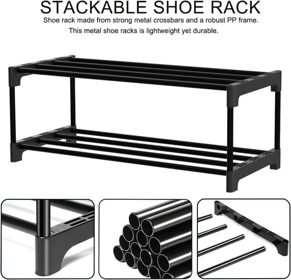 2-Tier Shoe Rack, Small Slim Shoe Rack, Anti-Rust Coating, Suitable for Dorm Room, Apartment, Balcony, Stackable Slim Shoe Rack-FY-