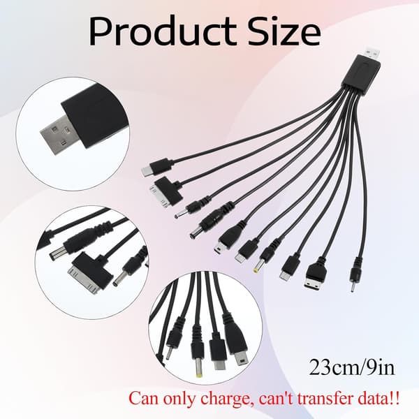 10-in-1 USB Cables, Universal USB to Multi-Connector 10-Port Mobile Phone Charger