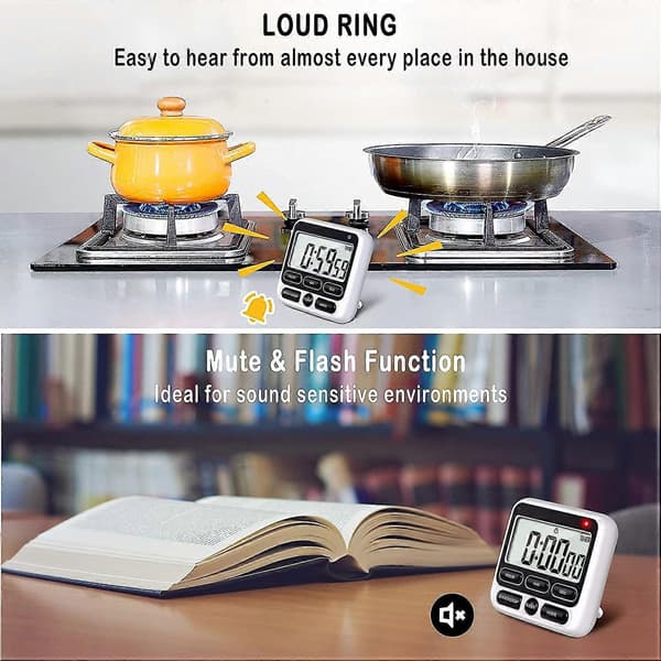 2024 Digital Kitchen Timer With Silent/Loud Alarm On/Off Button, 12-Hour Clock And Alarm, Memory Function