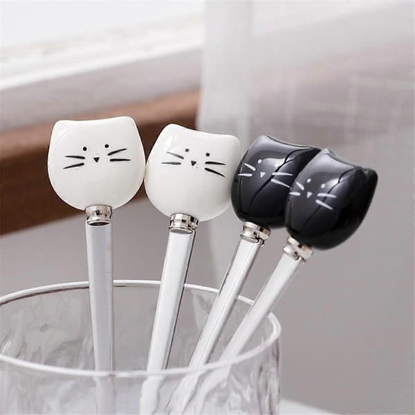 Cute Cat Coffee Spoon and Fork Set, Ceramic Stainless Steel Cat Dessert Spoon Drinking Spoons Fruit