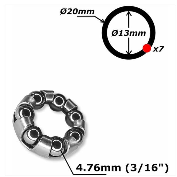 2x stålkuglelejer med 13 mm indvendig diameter, 20 mm udvendig diameter, 7 kugler og 4,76 mm kuglediameter