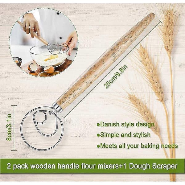 2 Pcs Danish Dough Whisk with one, Bread Mixer, Wooden Handle Dough Whisk and Bread Cutting
