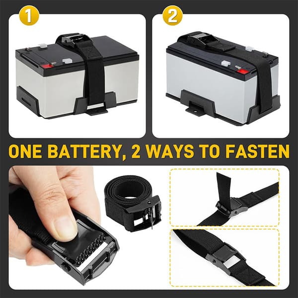 Justerbar batteriholderbakke med sikringsrem