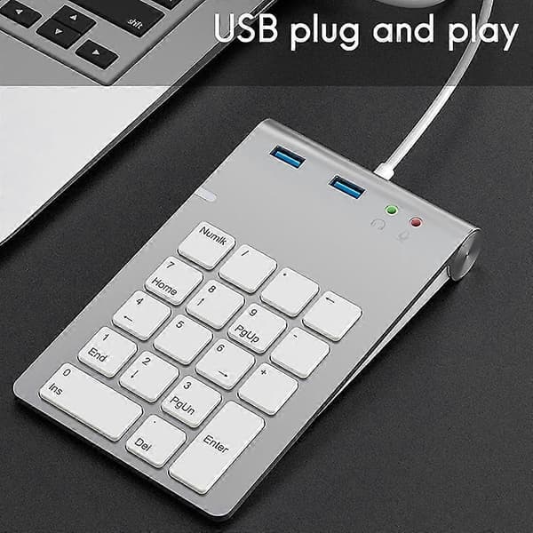 USB Numerisk Tastatur med USB3.0+3.5mm Lydgrænseflade Hub Multifunktionel Bogføring Finansiel Lommeregner