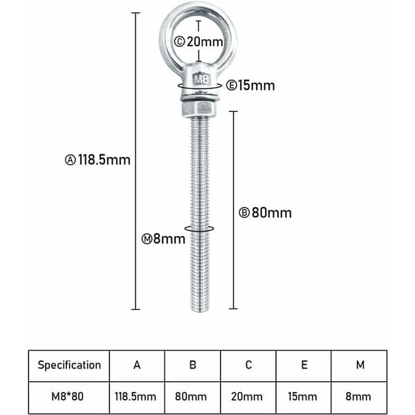 M8 x 80 mm øjebolte i rustfrit stål til fastgørelse og ophængning, 6 stk.