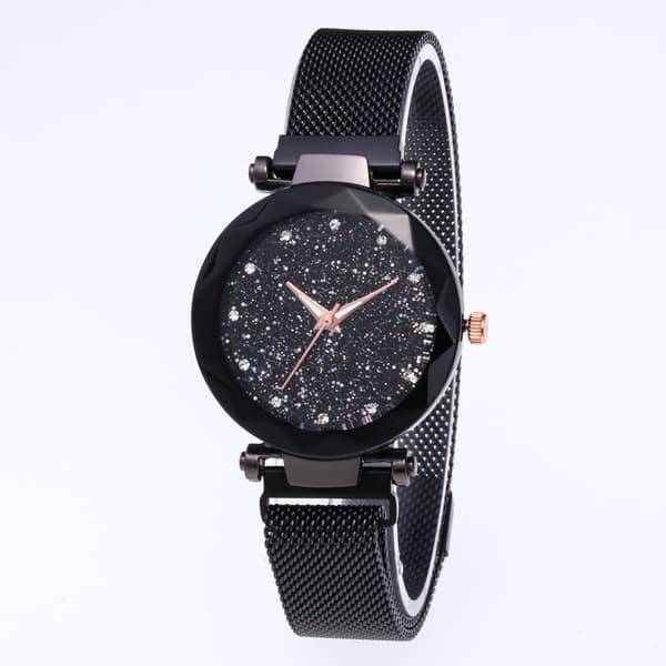 Stjerneklar Himmel Dameur Magnetisk Ur Dame Mesh Armbånd Modeur (Sort) - 1 stk