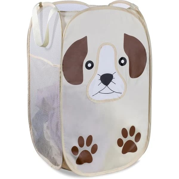 Foldable Pop-Up Mesh Laundry Hamper with Wide Opening and Side Pocket - Breathable, Sturdy, Collapsible, and Space-Saving (Puppy)