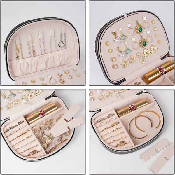 Portable Small Double-Layer Jewelry Box - Black, Lightweight PU Leather