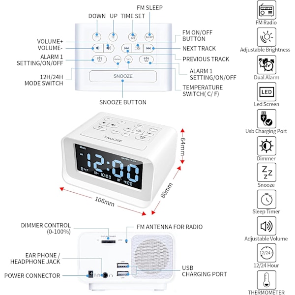 Dubbel Väckarklockradio, Digital Väckarklocka med 2 USB-laddningsportar, 0-100% Dimbar, Justerbar Volym, Inomhustermometer (Vit)