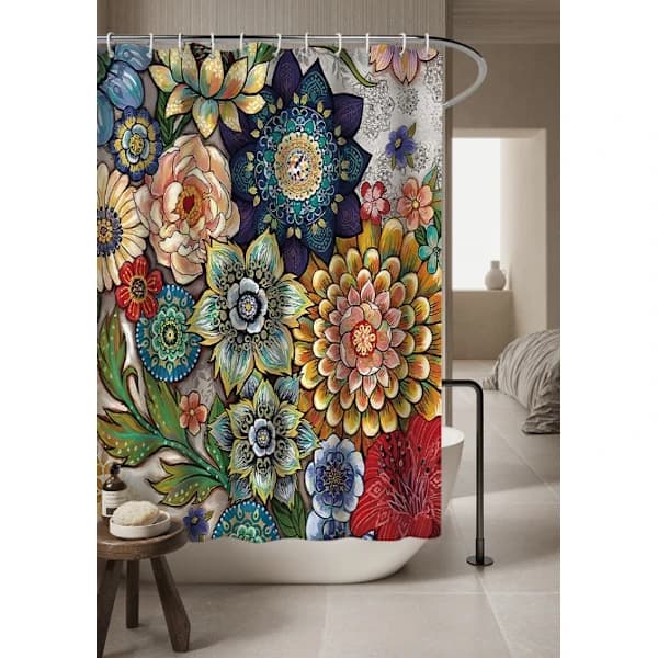 Duschdraperi 180 x 200 cm med 12 krokar Snabbtorkande (Blommor), Mach