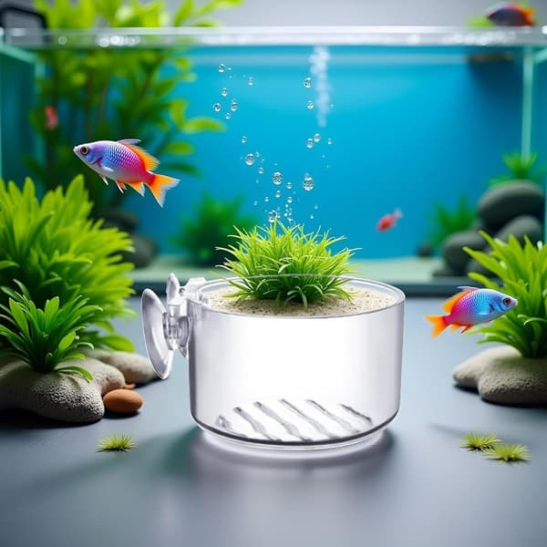 1 akvariefiskfoderdispenser med sugekop, gennemsigtig, rund og perforeret dispenser, akryl
