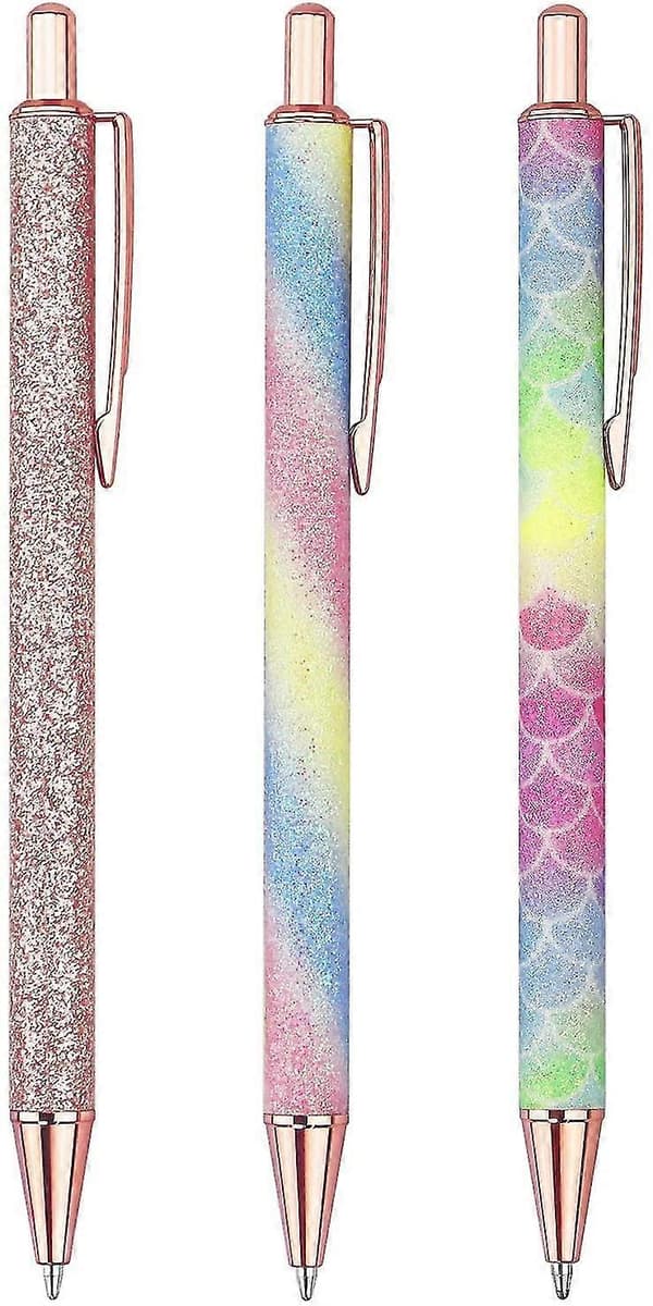 3 kulepenner, glitter rosegull klikkmodell uttrekkbar kulepenn