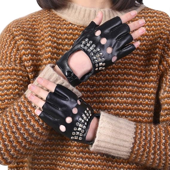 Dame PU Læder Punk Handsker Nitter Rem eller Spænde Halv Finger Performance Handsker