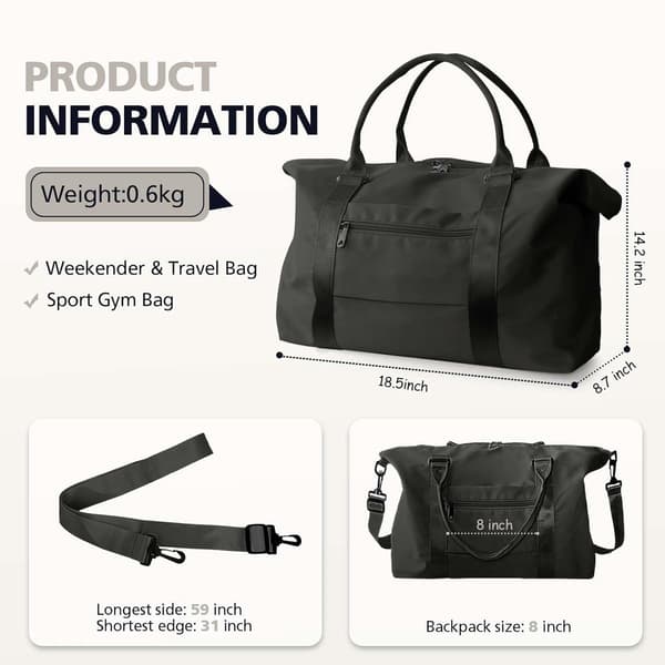 Waterproof Polyester Gym Bag With Multiple Pockets And Adjustable Shoulder Strap For Travel Weekend Sport Black 55x18x27cm