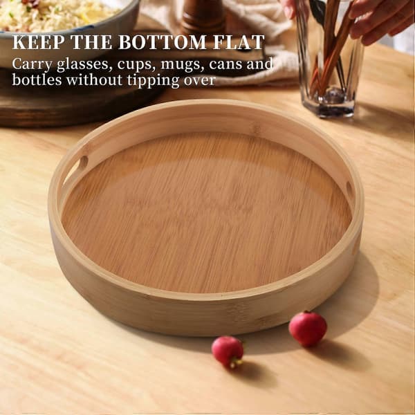 Round Bamboo Wood Serving Tray for Dinner Trays Tea Bar Breakfast Food Container Handle Storage T