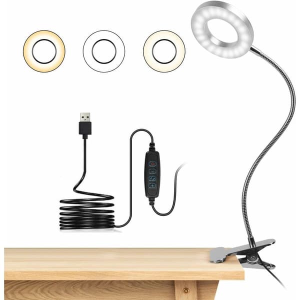 Flexible 7W 48 LED Clip Desk Lamp with 360° Rotation, 3 Light Modes, USB Powered for Study Work