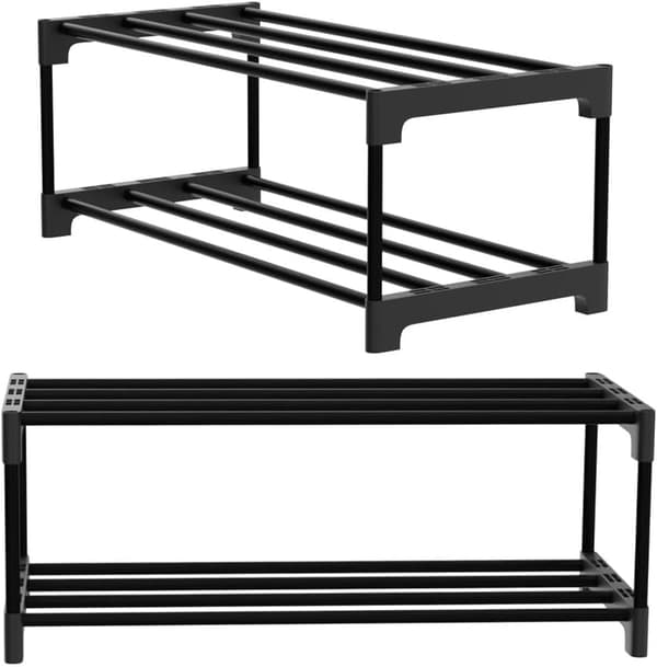 2-Tier Shoe Rack, Small Slim Shoe Rack, Anti-Rust Coating, Suitable for Dorm Room, Apartment, Balcony, Stackable Slim Shoe Rack-FY-