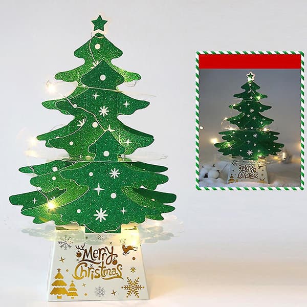 Julepynt Mini Desktop Juletrekort Pynt Glitrende Juletre Med Lys Sett - Grønn Lykt