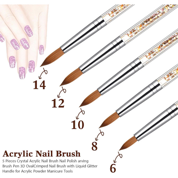 (Gold) 5-pack Acrylic Nail Brushes Different Sizes Round Acrylic
