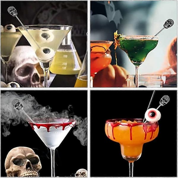 Drikkepinde med kranium, 6 stk., rustfrit stål, genanvendelige frugtpinde til Halloweenfest - Sæt A