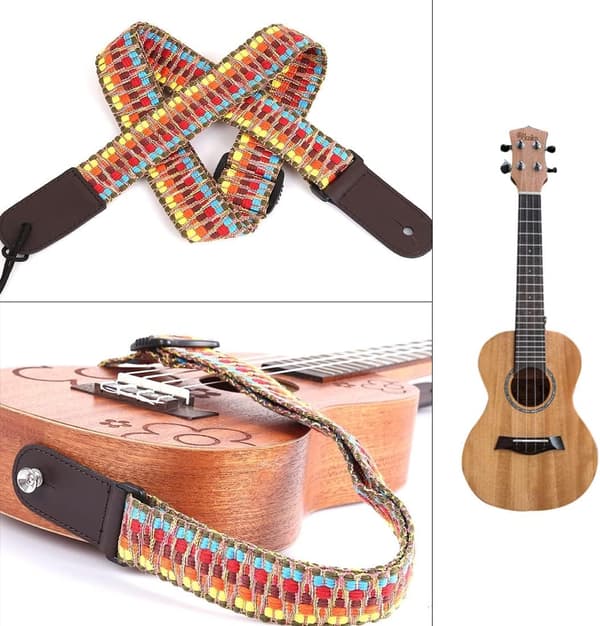Ukulele-stropp, bohemisk stil strikket bomullsstropp, justerbar bomullsgitarstropp med lærende - retrostil - for ukulele og liten gitar (Ra