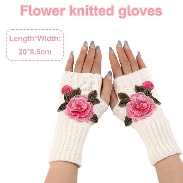 Vinterhansker uten fingre, halvfingerhansker, hvite + rosa blomst KLB