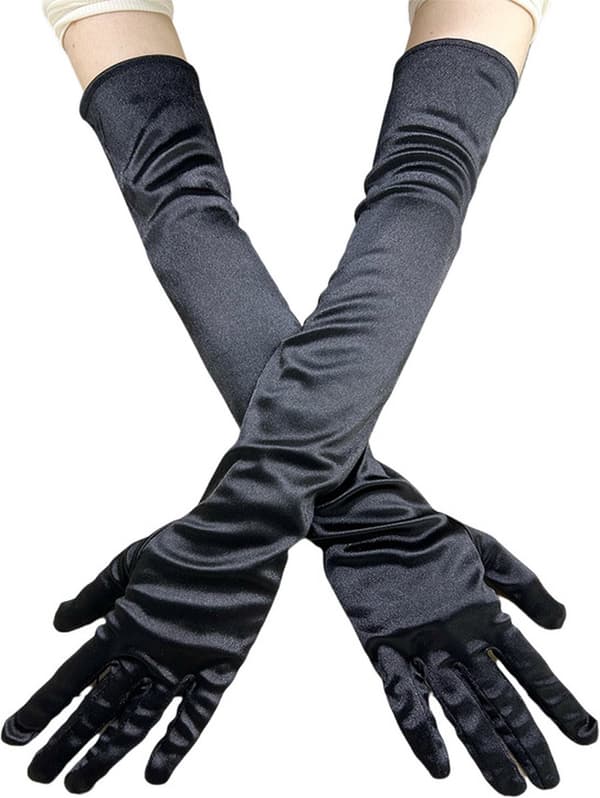 Lange satin aftenhandsker, sorte, 55 cm, til kostume, festival og dans