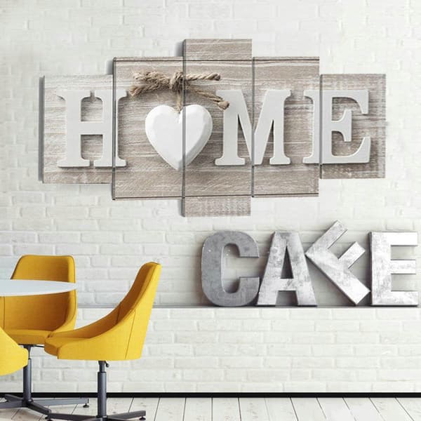 5-delt vægkunst - Love HOME, non-woven lærred til stuen