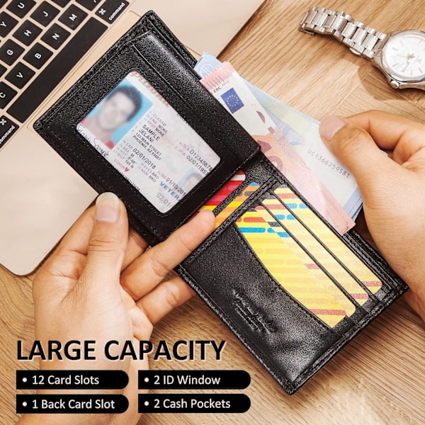 Men's Wallet with Chain Genuine Leather Wallet RFID Blocking Bifold Wallet with ID Window Card Slots, Black