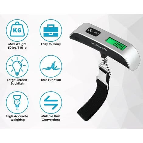 Electronic Luggage Scale, Portable Suitcase Scale, Temperature Measurement Function, Up to 50kg/110lbs