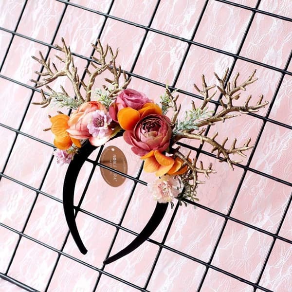 Amosfun Renhorn Hårband med Blommor Jul Hårtillbehör Älg Horn