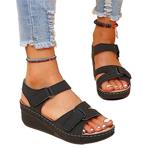 Women's Orthopedic Platform Sandals Open Toe Ankle Strap Black Size 37