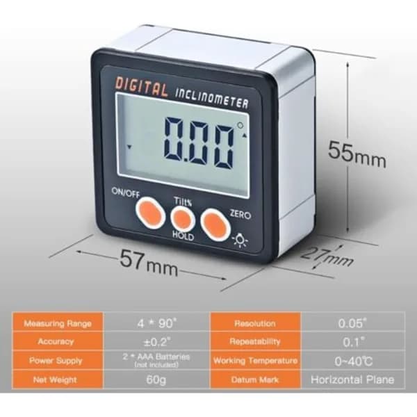 TS-Digital Inclinometer 0–360° - Electronic Protractor - Aluminum Alloy Shell - Digital Angle Gauge - Magnetic Base (Cordless) I
