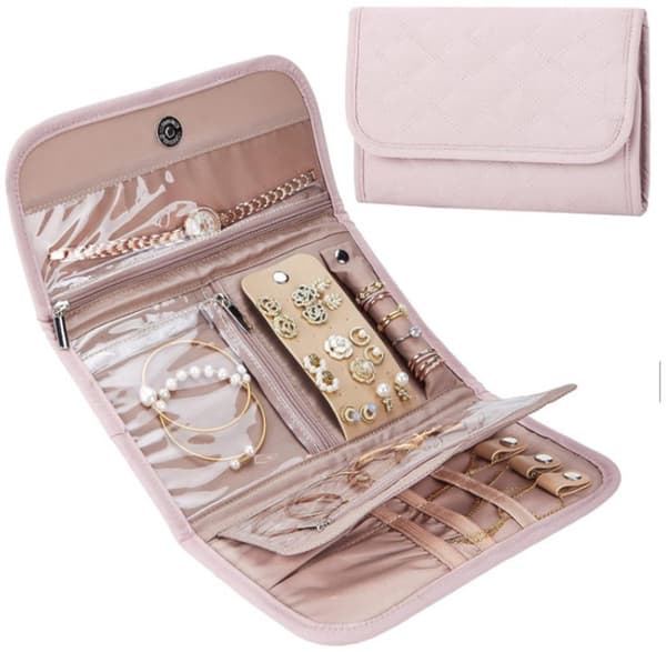 Portable Jewelry Storage Roll Foldable Travel Case with Earring Compartments Anti-Oxidation Organizer