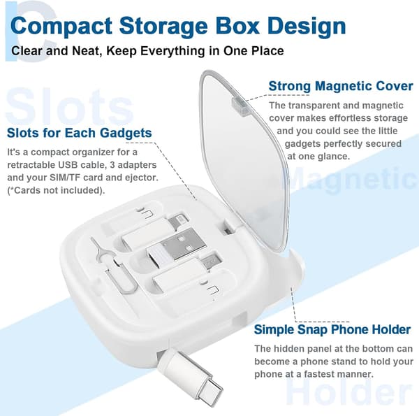 Multi-Charging Cable Storage Box, 3FT 60W Retractable USB C Cable and Adapter Set, Storage Case and SIM Card Removal Tool, White+Black