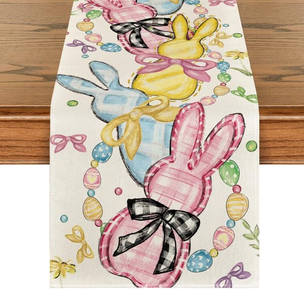Floral Bow Bunny Egg Easter Table Runner, Spring Kitchen and Dining Table Decoration, 33x183 cm