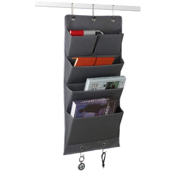 Hanging Organizer Oxford Fabric Door Wardrobe Organizer Foldable Hanging Shelf with 5 Towel Hooks Hanging Storage with 4 Large Compartments, Grey