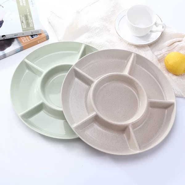 6-Compartment Serving Tray for Snacks, Fruit, and Candy Dish in Wheat Straw for Parties, Beige 11.22 Inches Beige Beige