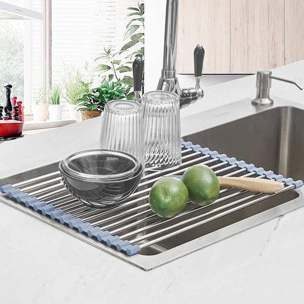 Rollable Dish Rack, Foldable Stainless Steel Dish Drying Mat Over Sink, Heat Resistant Easy to Clean for Kitchen, Blue