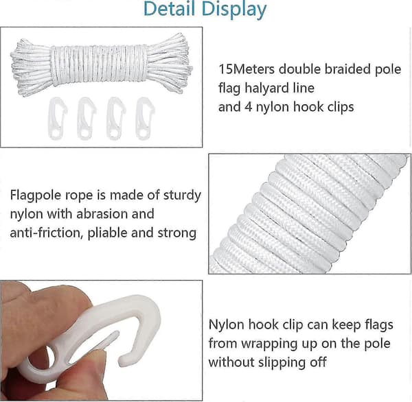 15m 6mm Nylon Flagglina Flaggstångsrep Rep Flagglina Vit Dubbelflätad Med 4 Krokar