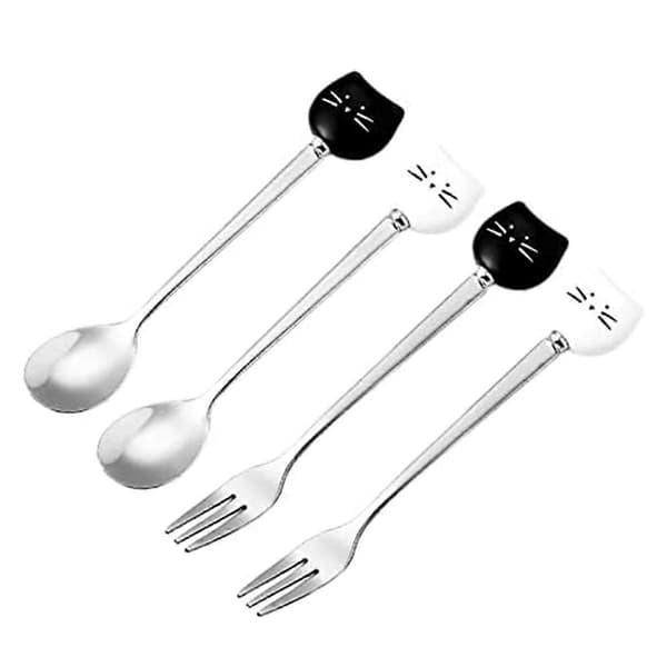 Cute Cat Coffee Spoon and Fork Set, Ceramic Stainless Steel Cat Dessert Spoon Drinking Spoons Fruit