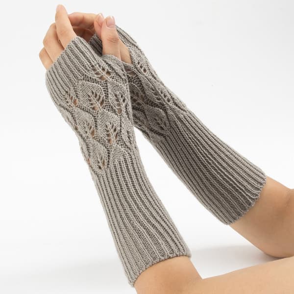 Women's Knitted Jacquard Leaf Pattern Gloves, Warm, Open Finger, Half Finger, Typi, Light Grey, KLB