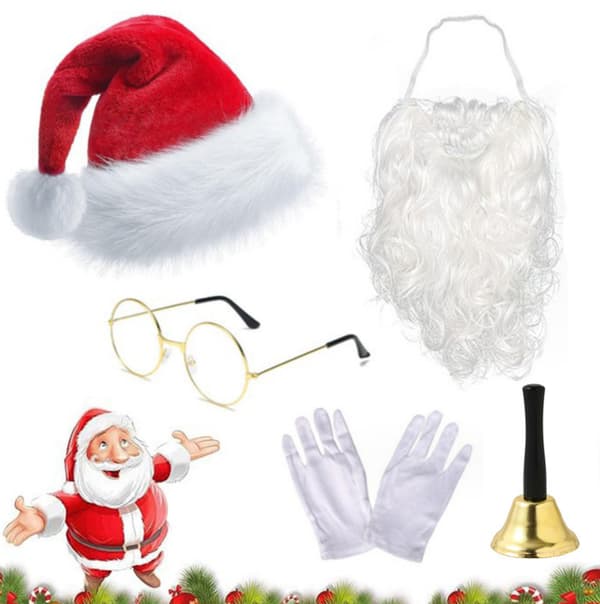 5-piece set with hat, beard and wig for Christmas party