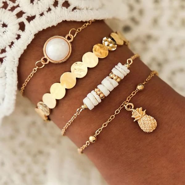 4 stk Gull Chic Armbånd / Bangle med Ananas, Kuler & Perler