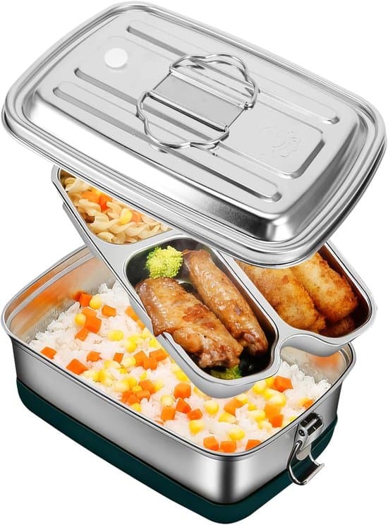 Madkasse - Rustfrit stål - 2000 ml - 22 × 15,5 × 9 cm - Bento Box - Lækagesikker - Med skillevæg - Velegnet til voksne og børn - Sølv